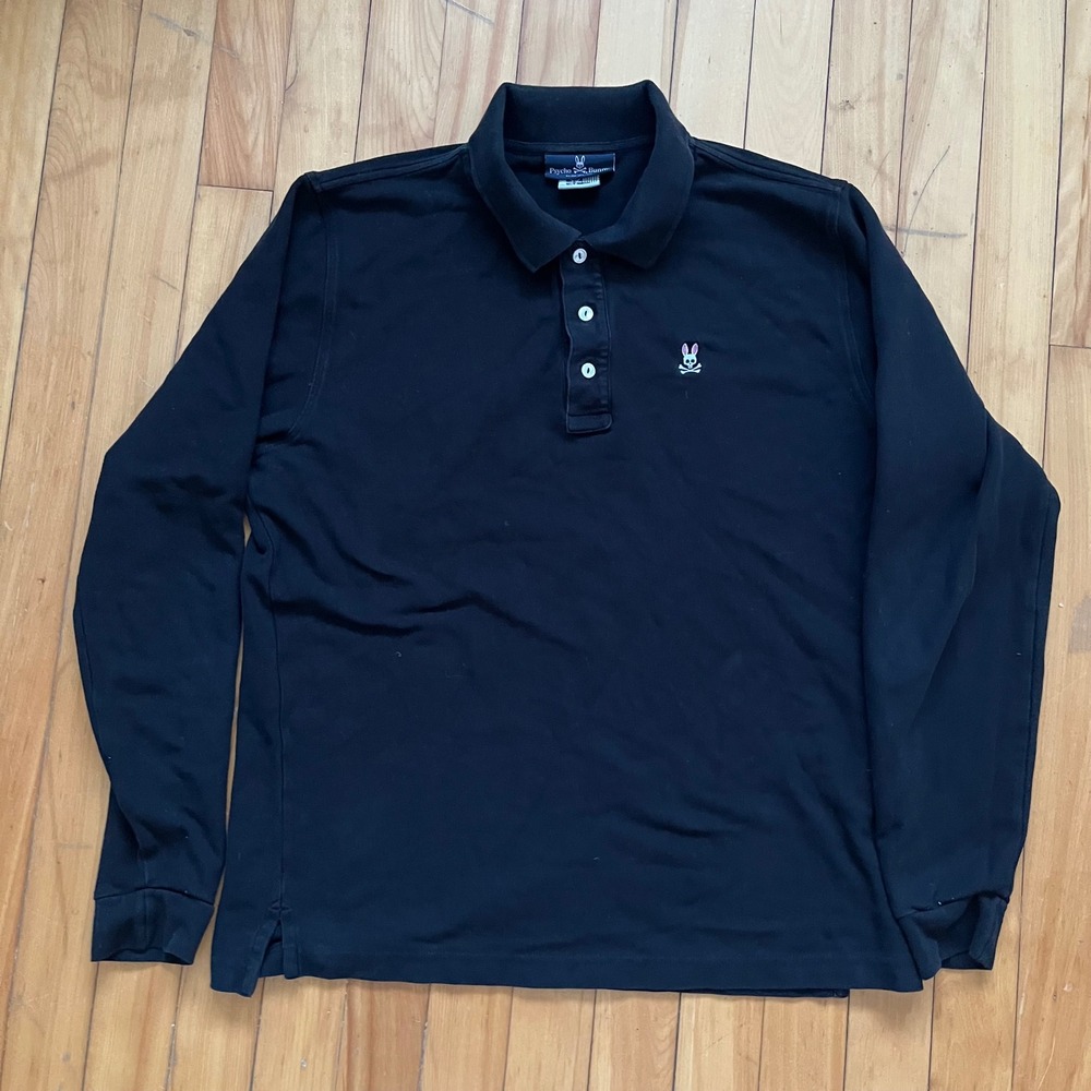 Psycho Bunny Long Sleeve Polo Shirt Black Embroidered Skull Logo Pima Cotton 6